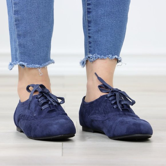 Navy Faux Suede Lace up Oxford Style Shoes Flats - Picture 9 of 12
